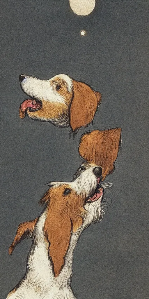 Image similar to jack russel dog looking up and howling with mouth open sad, night sky, highly detailed, side view, illustrated by peggy fortnum and beatrix potter and sir john tenniel