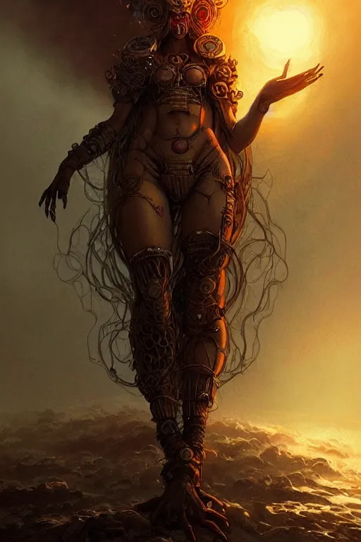 Image similar to Beautiful Eldritch Goddess of Nuclear Explosions, digital art, fantasy, magic, trending on artstation, illustration by Seb McKinnon and Peter Mohrbacher, ultra detailed, atmospheric, Radioactive Bikini Armor