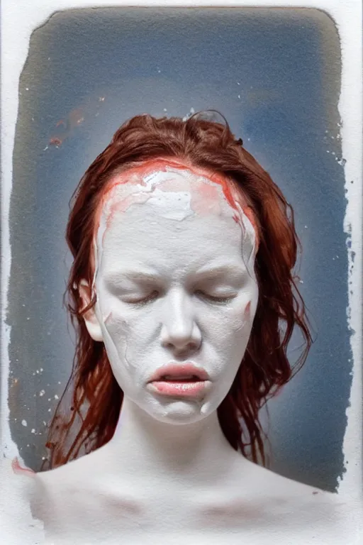 Image similar to a liquid white clay porcelain portrait of a face melt down flow go runny, body painted with white thick fluid, realistic detailed watercolor polaroid, grainy image, contrast