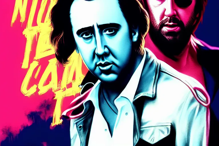 Image similar to young nicolas cage from wild at heart starring in “ miami vice ” movie poster artwork, 4 k digital art, neon, 8 0's style artstation, concept art, smooth, sharp focus, illustration, artgerm