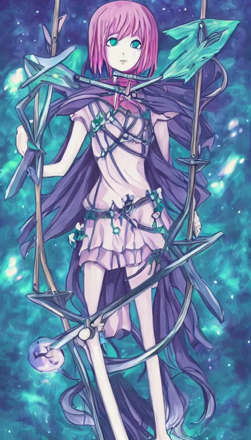 Image similar to a beautiful link drawing of the being death as a cute anime girl with a giant scythe from a studio ghibli film inspired by the death tarot card, dark vibes, pastel colors, cosmic,