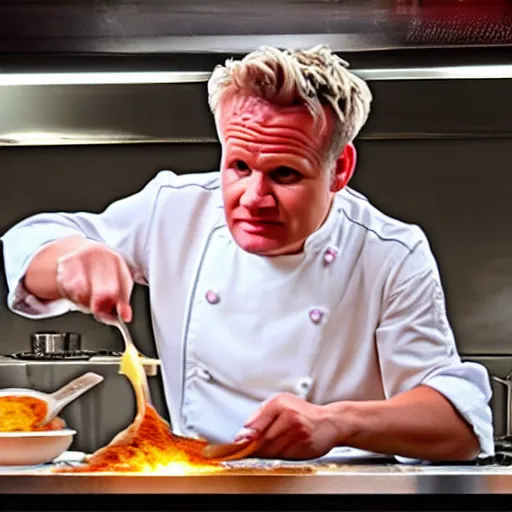 Prompt: hyper real Gordon Ramsey cooking a unicorn in kitchen 4k