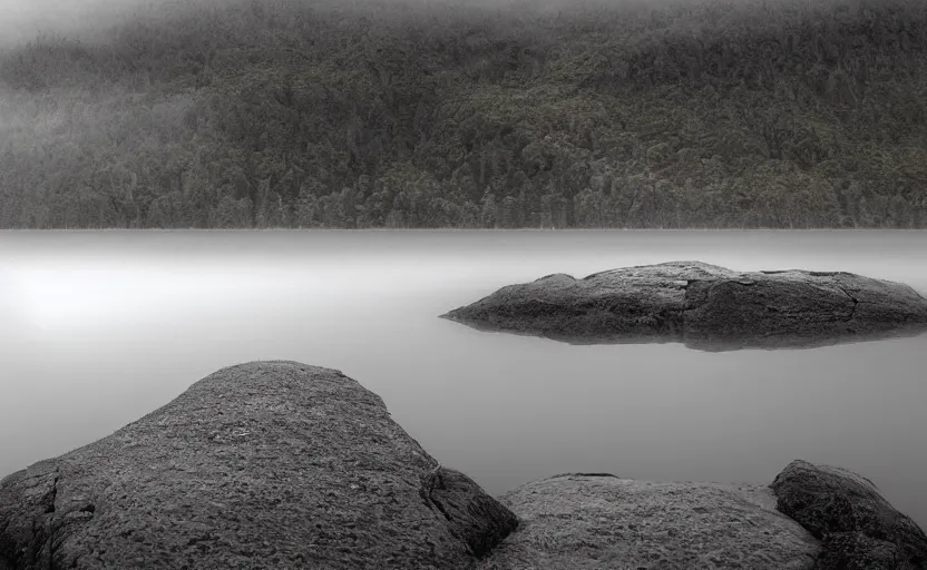 Image similar to extreme low angle camera lens partially submerged in water showing the surface of a lake with a rocky lake shore in the foreground, scene from a film directed by charlie kaufman ( 2 0 0 1 ), foggy volumetric light morning, extremely moody, cinematic shot on anamorphic lenses