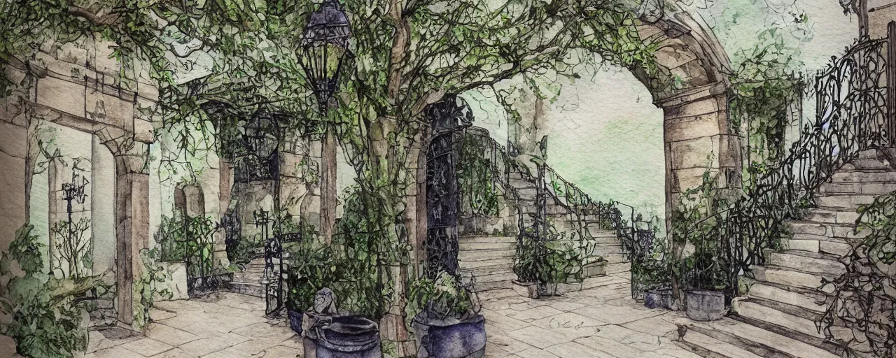 Prompt: courtyard walkway, night castle, stairway, chairs, wrought iron, gate, tree, delicate, botanic garden, garden road, botanical herbarium paper, watercolor colored painting, iridescent colors, 8 k, realistic shaded, fine details, artstation, italian style, colonnade, huge flower