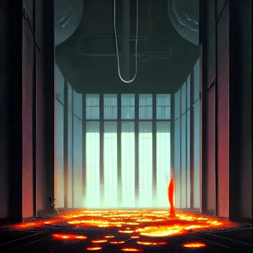 Prompt: professional ominous concept art architecture of a black room with burning embers by artgerm and greg rutkowski. an intricate, elegant, highly detailed digital painting, concept art, smooth, sharp focus, illustration, in the style of simon stalenhag, wayne barlowe, and igor kieryluk. ( low camera angle )