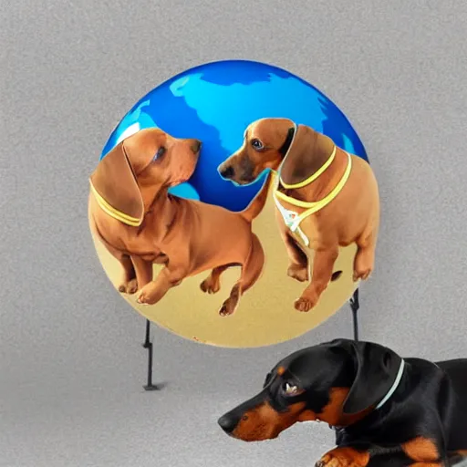 Prompt: the world is happy for you, large scale photo, globe is surrounded by dachshunds