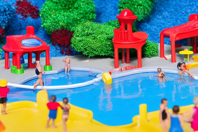 Prompt: fisher price public pool, california, in 2 0 1 5, perfect focus, scene from tv show hyper detailed 5 5 mm 8 5 mm, toy photography, made out of plastic