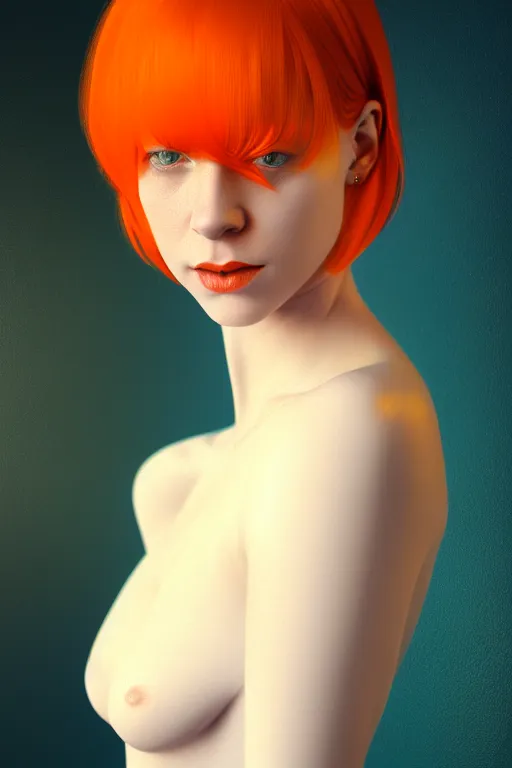 Image similar to Portrait of a beautiful pale skin Nordic female with short orange hair, elegant, photorealistic, highly detailed, artstation, smooth, sharp focus, gold ornaments, neon lighting, sci-fi, art by Klimt.