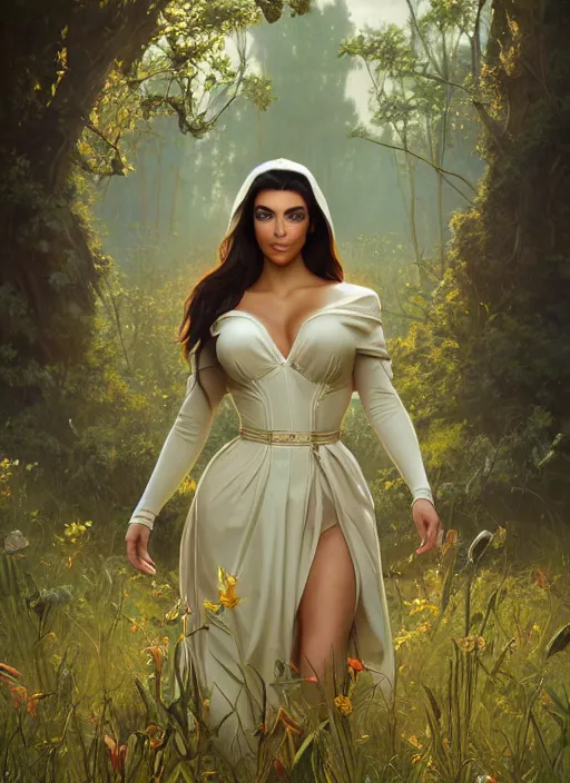 Image similar to Kim Kardashhian as a elf on a beautiful meadow, morning, art by Artgerm and Greg Rutkowski and Alphonse Mucha and miro manara, unreal 5, DAZ, hyperrealistic, octane render, RPG portrait, ambient light, dynamic lighting