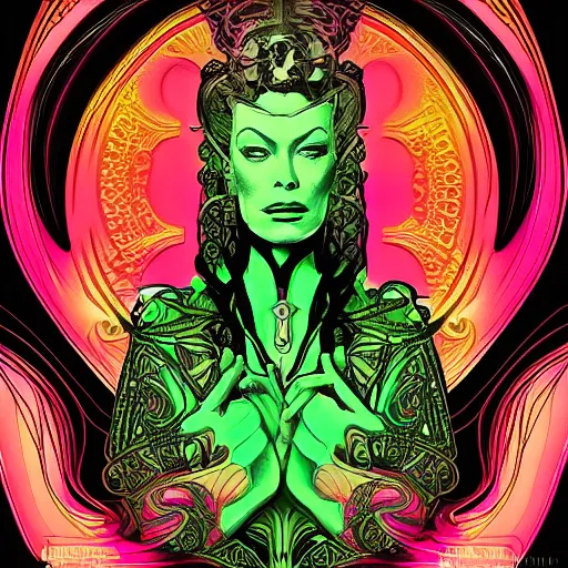 Image similar to Seven of Nine the Borg from star trek, art nouveau, amazing details, intricate details, beautiful ,insane details , tarot card, black paper, neon green, fractal system circuit , in the style of Alphonse Mucha,