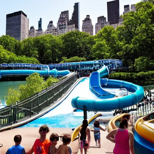 Prompt: photo of a large water park with numerous slides and water rides inside of central park. the new york city skyline is shown in the background.