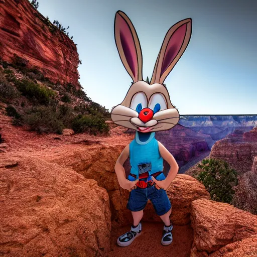 Image similar to Looney Toon\'s Bugs Bunny in front of the Grand Canyon, sweating profusely, photography, HDR, 4k, 8k