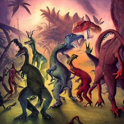 Prompt: A group of dinosaurs dancing in a rave party, by Esao Andrews and Karol Bak and Zdzislaw Beksinski
