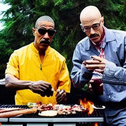 Image similar to walter white and gus fring having a barbeque, selfie