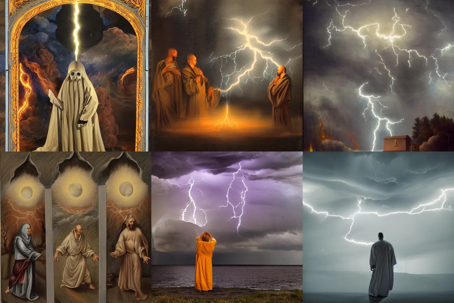 Prompt: religious extremist, robes, unsettling, disturbing, lightning, thunderclouds, ceremonial fire