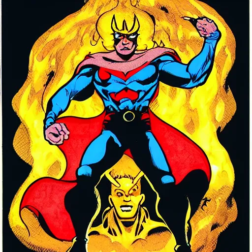 Image similar to sandman from DC comics, standing in hell facing lucifer, in the style of Jack kirby