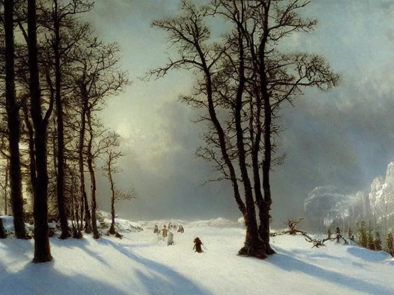 Prompt: Canadian Wilderness by Albert Bierstadt. Epic landscape, winter blizzard. Oil on Canvas. Private Collection