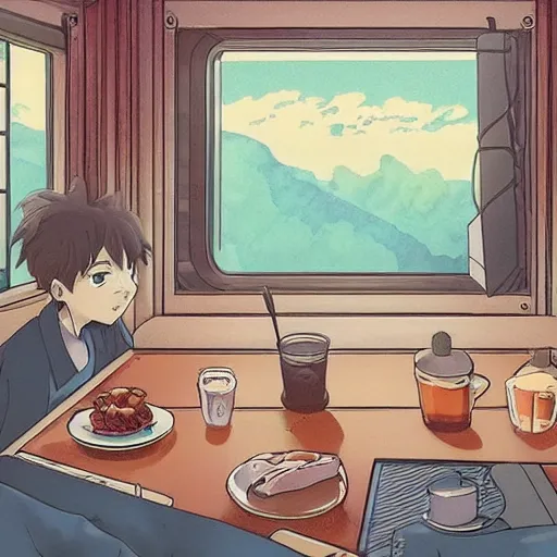 Image similar to breakfast, rainy day, anime, ghibli, 9 0 s, retro style, aesthetic, chill, room