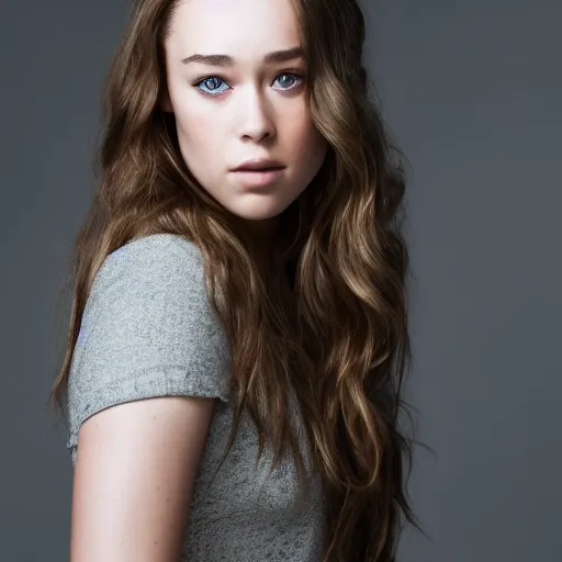 Prompt: alycia debnam carey standing while posing for a photo, award winning photography, HDR, studio lighting, dynamic pose, medium close shot, shot on Canon EOS R5, f/2.5,