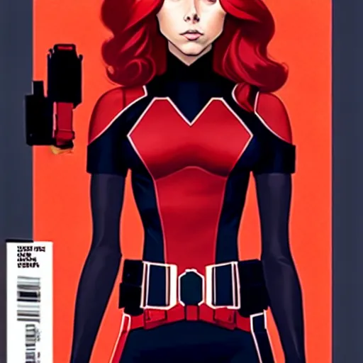 Image similar to phil noto comicbook cover art, black widow marvel, symmetrical eyes, long red hair, full body, city rooftop