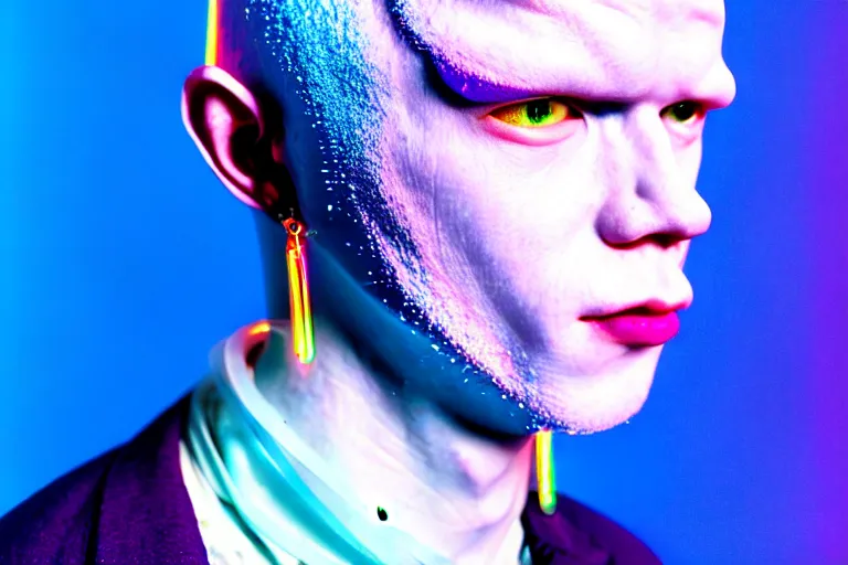 Prompt: a close - up risograph of cyberpunk albinism model men wearing lots of transparent and cellophane accessories, huge earrings and queer make up, blue hour, twilight, cool, portrait, crispy, full - shot, blue sky, kodachrome, photo by mayumi hosokura, style by moebius