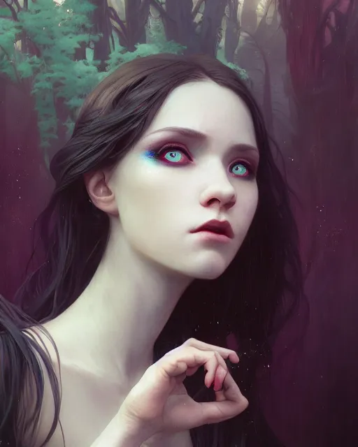 Image similar to highly detailed vfx portrait of a beautiful vampire girl, wonderful eyes, three - dimensional rendering, unreal engine, alexey gurylev, greg rutkowski, loish, rads, beeple, makoto shinkai and lois van baerle, rossdraws, tom bagshaw, alphonse mucha, global lighting, detailed and complex environment