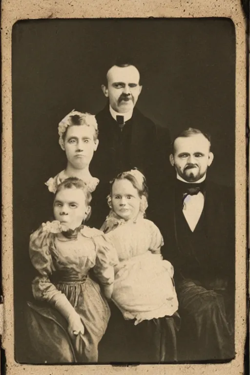 Image similar to mugwump family photo, 1 8 0 0 s, olan mills studio, creepy, scary, laughing, color, grotty, ugly, terrified