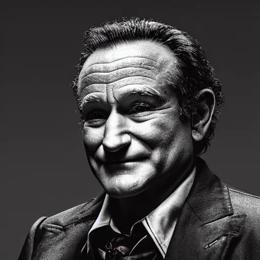 Image similar to ((Robin Williams)) playing The Joker 8k hdr moody lighting