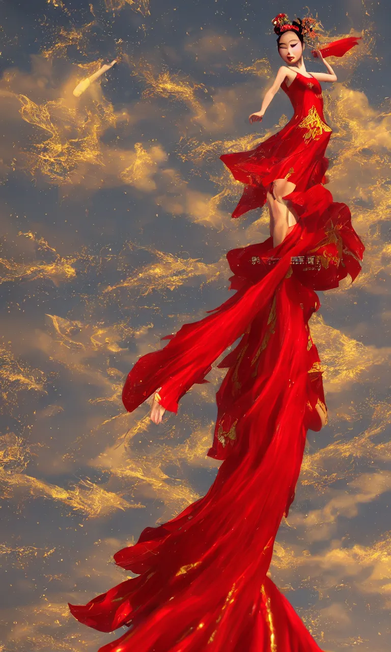 Image similar to chinese princess, dance, fairy, beautiful, stunning, red and gold dress, spinning in the sky, unreal engine, concept art, photo realism, film, james jean, akira, satochi con, character design, void arcanist, mist, photorealistic, octane render, unreal engine, hyper detailed, volumetric lighting, 8 k