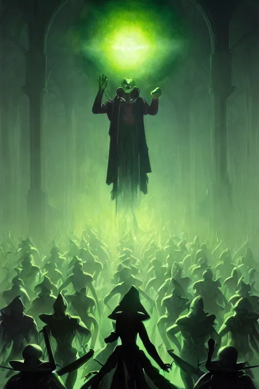 Image similar to the dark magician directs an army of the undead to the light one in a green acid fog, futurism, painting by greg rutkowski, j. c. leyendecker, artgerm