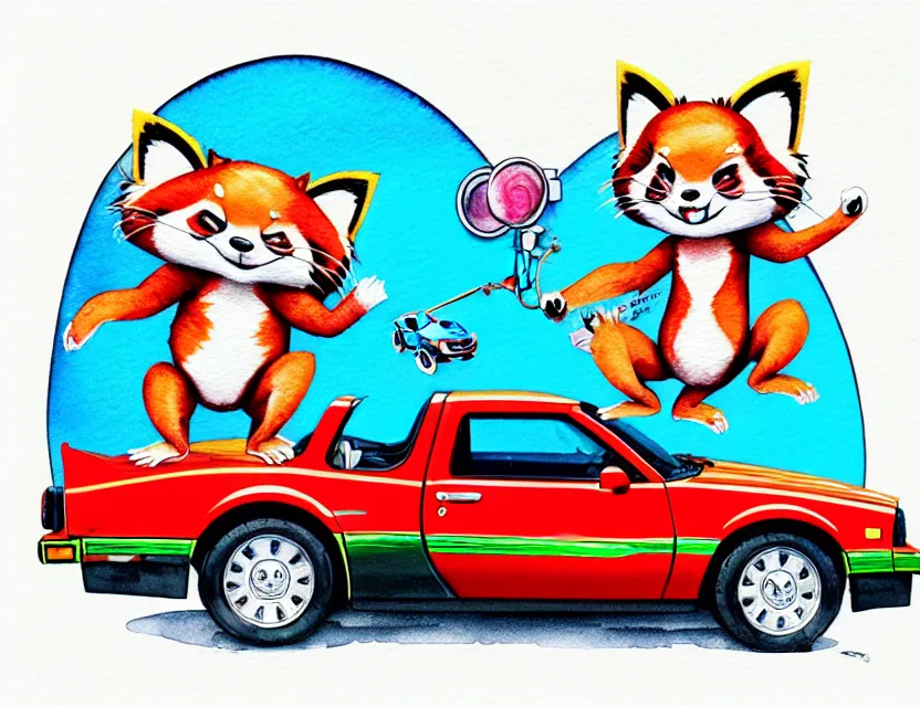 Image similar to cute and funny, redpanda riding in a tiny 1 9 8 7 chevy camaro, ratfink style by ed roth, centered award winning watercolor pen illustration, isometric illustration by chihiro iwasaki, edited by range murata, tiny details by artgerm and watercolor girl, symmetrically isometrically centered