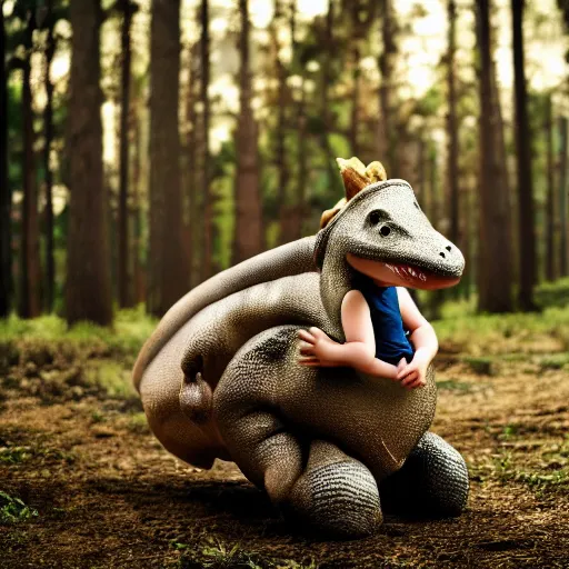 Image similar to young boy riding a cute little dinosaur with long fur, portrait, pixar style, forest background, cinematic lighting, award winning creature portrait photography