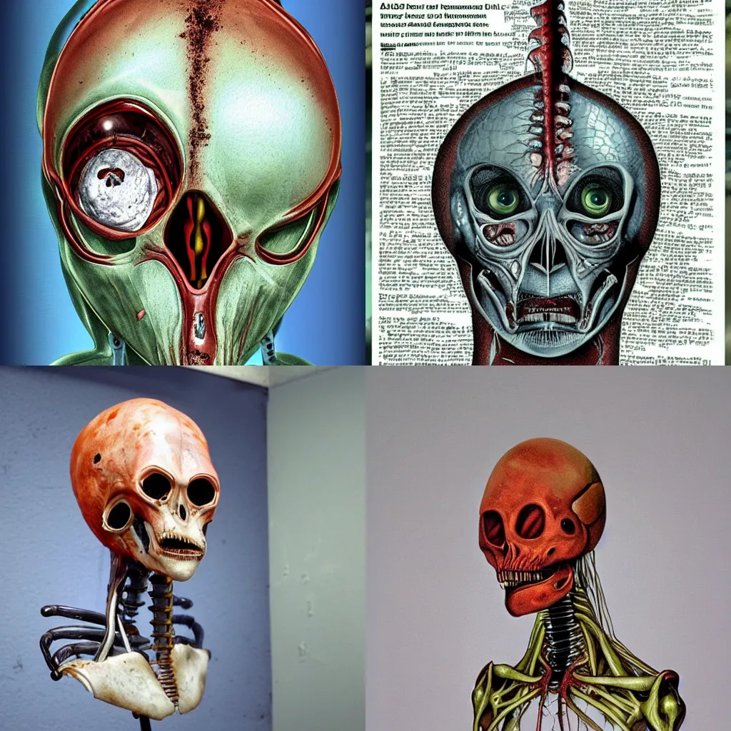 Prompt: alien surgery rusty medical papers, detailed body and organs pictures and descriptions, detailed photography
