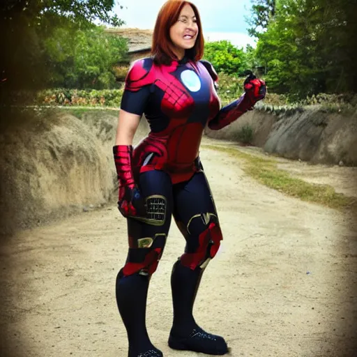 Prompt: female ironman with a curvy feminine body armor shape,