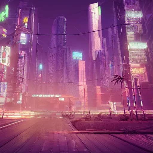 Prompt: Cyberpunk city in a lush bamboo forest, neon, trees, moody, Octane Render, HD, unreal engine, artstation trending, highly detailed