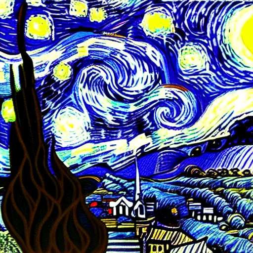 Image similar to Starry night in the style of edward gorey, masterpiece, high quality, digital art