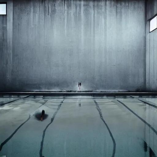 Image similar to empty swimming pool, dark, moody, foggy, liminal, made by Sean Yoro, Zhang Kechun and Chie Yoshii, washed colors, high details, realistic