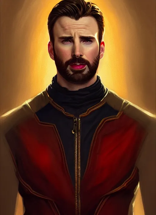 Image similar to Chris Evans as Lucifer morningstar, slight smile, highly detailed, digital painting, artstation, concept art, sharp focus, illustration, art by wlop and J. C. Leyendecker and Edmund Bliar Leighton and Charlie Bowater