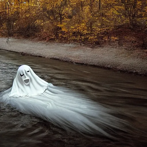 Prompt: photo of a ghost floating over a river, fur, realistic, national geographic