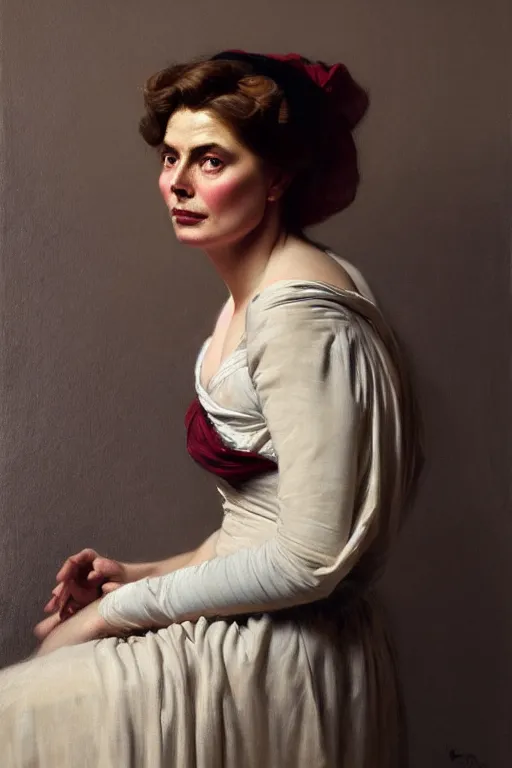 Prompt: portrait en buste Ingrid Bergman in Georgian dress by Roberto Ferri, by Jeremy Lipking, Realism, abundant detail, muted tones, Regency-Era