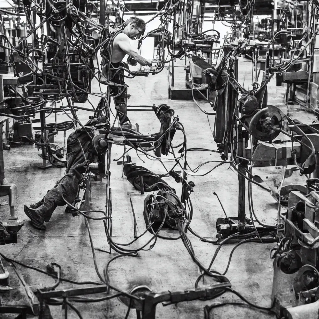 Prompt: working man, tied to his machine in a factory, black and white photography