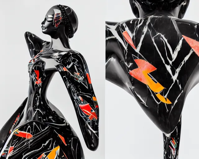 Image similar to extremely beautiful black marble statue with colorful japanese motorcycle logos in the style of fashion designer virgil abloh, sharp focus, clear, detailed,, cinematic, detailed, off white, glamourous, symmetrical, vogue, editorial, fashion, magazine shoot, glossy