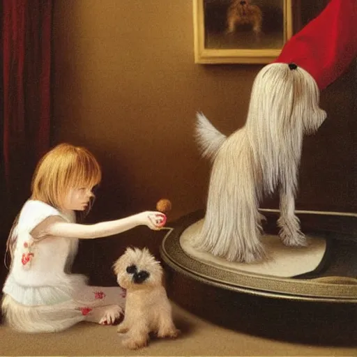 Prompt: Elle Fanning and a Yorkshire terrier, extremely detailed masterpiece, illustration, by Michael Sowa,