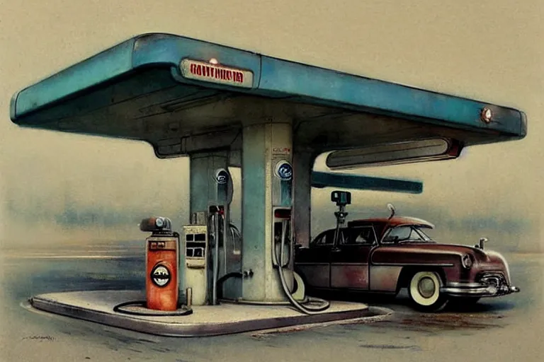 Image similar to ( ( ( ( ( 1 9 5 0 s retro science fiction gas station. muted colors. ) ) ) ) ) by jean - baptiste monge!!!!!!!!!!!!!!!!!!!!!!!!!!!!!!