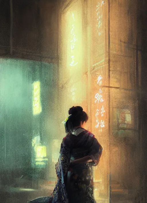 Image similar to female geisha girl, beautiful face, neon, rule of thirds, intricate outfit, spotlight, by greg rutkowski, by jeremy mann, digital painting