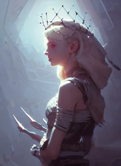 Image similar to portrait of cute gith maiden girl with crown of thorns and white hairs, warhammer, cyberpunk, by atey ghailan, by greg rutkowski, by greg tocchini, by james gilleard, by joe gb fenton, by kaethe butcher, dynamic lighting, gradient light blue, brown, blonde cream and white color in scheme, grunge aesthetic