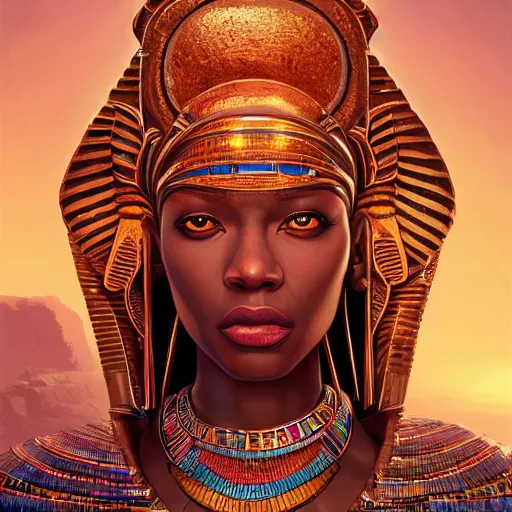 Image similar to highly detailed portrait of an african egyptian goddess, intricate alien technology, stephen bliss, unreal engine, fantasy art by greg rutkowski, loish, rhads, ferdinand knab, makoto shinkai and lois van baarle, ilya kuvshinov, rossdraws, tom bagshaw, global illumination, radiant light, detailed and intricate environment