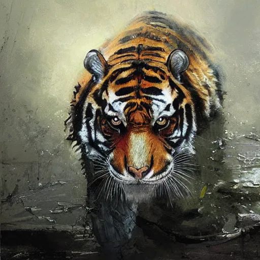 Image similar to crocodile morphed with tiger, highly detailed jeremy mann painting