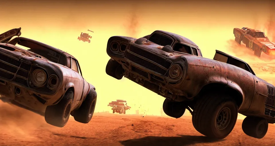 Prompt: macro closeup photo of combat teslatruck being chased in a post apocalyptic fallout 4 desert, 3 pm, smoke, dust, embers, mad max, action, speed, rocket league, volumetric lighting, hdr, need for speed, gta 5, ridley scott, syd mead, craig mullins, cinematic, fast and furious, blade runner, octane, 8 k