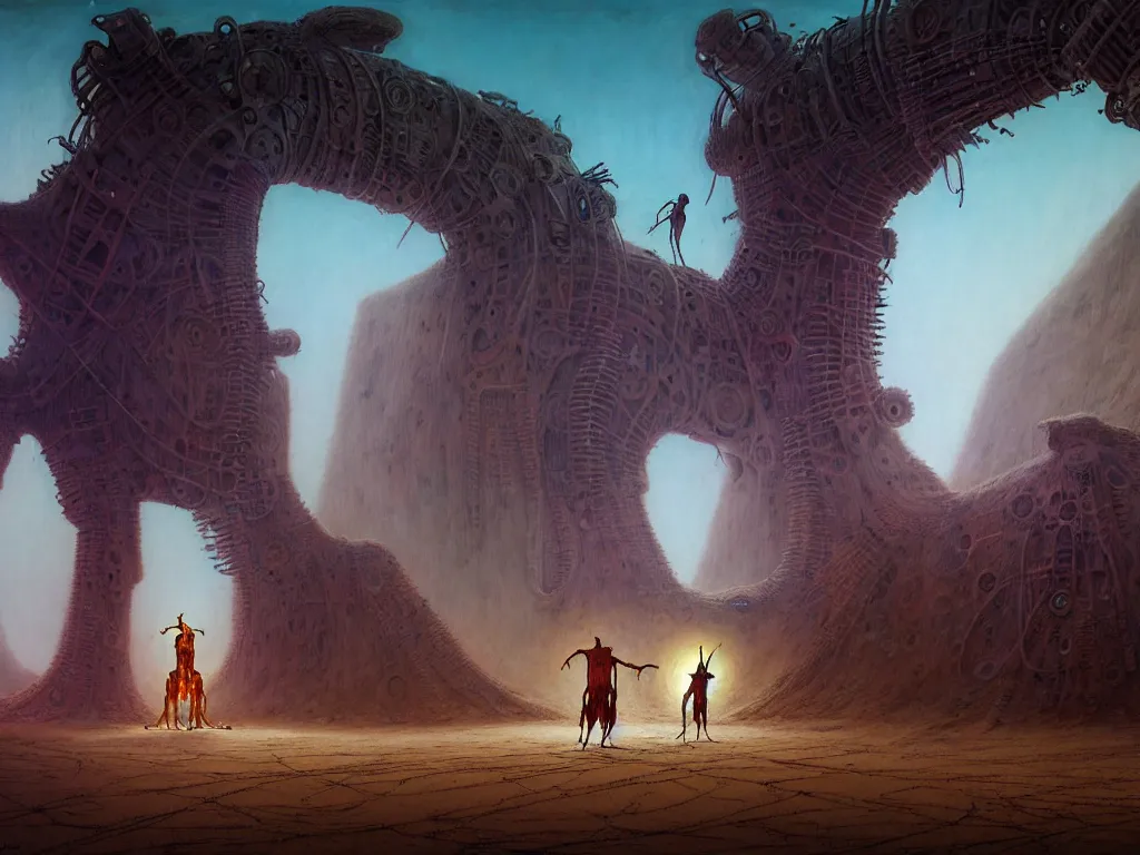 Prompt: A magical male-shaman in shamanistic robes performs a ritual to resurrect a mechanical horse inside a huge steel ancient ruins covered of dunes of sand. Art by Finnian MacManus, Zdzisław Beksiński, Simon Stalenhag, Arthur Rackham. Masterpiece, fantasy art, cinematic, hyperdetailed, sigils, photorealistic, cyberpunk, postapocalyptic, steampunk, hyperrealism, octane render, 8k